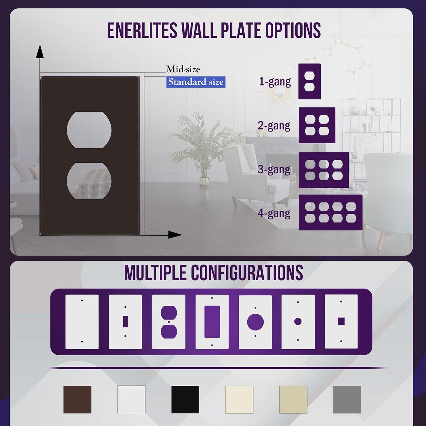 Screwless Duplex Wall Plate, Child Safe Receptacle Outlet Cover, Standard Size, 1-Gang 4.68" X 2.93", Unbreakable Polycarbonate Thermoplastic, UL Listed, SI8821-BR, Glossy, Brown