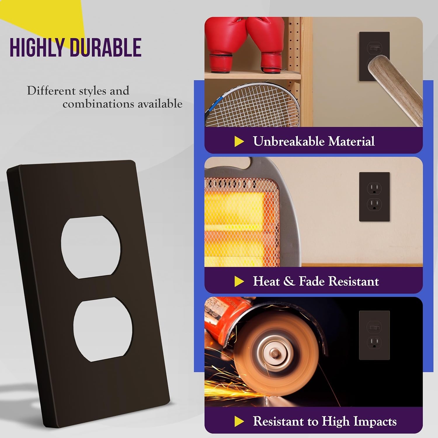 Screwless Duplex Wall Plate, Child Safe Receptacle Outlet Cover, Standard Size, 1-Gang 4.68" X 2.93", Unbreakable Polycarbonate Thermoplastic, UL Listed, SI8821-BR, Glossy, Brown